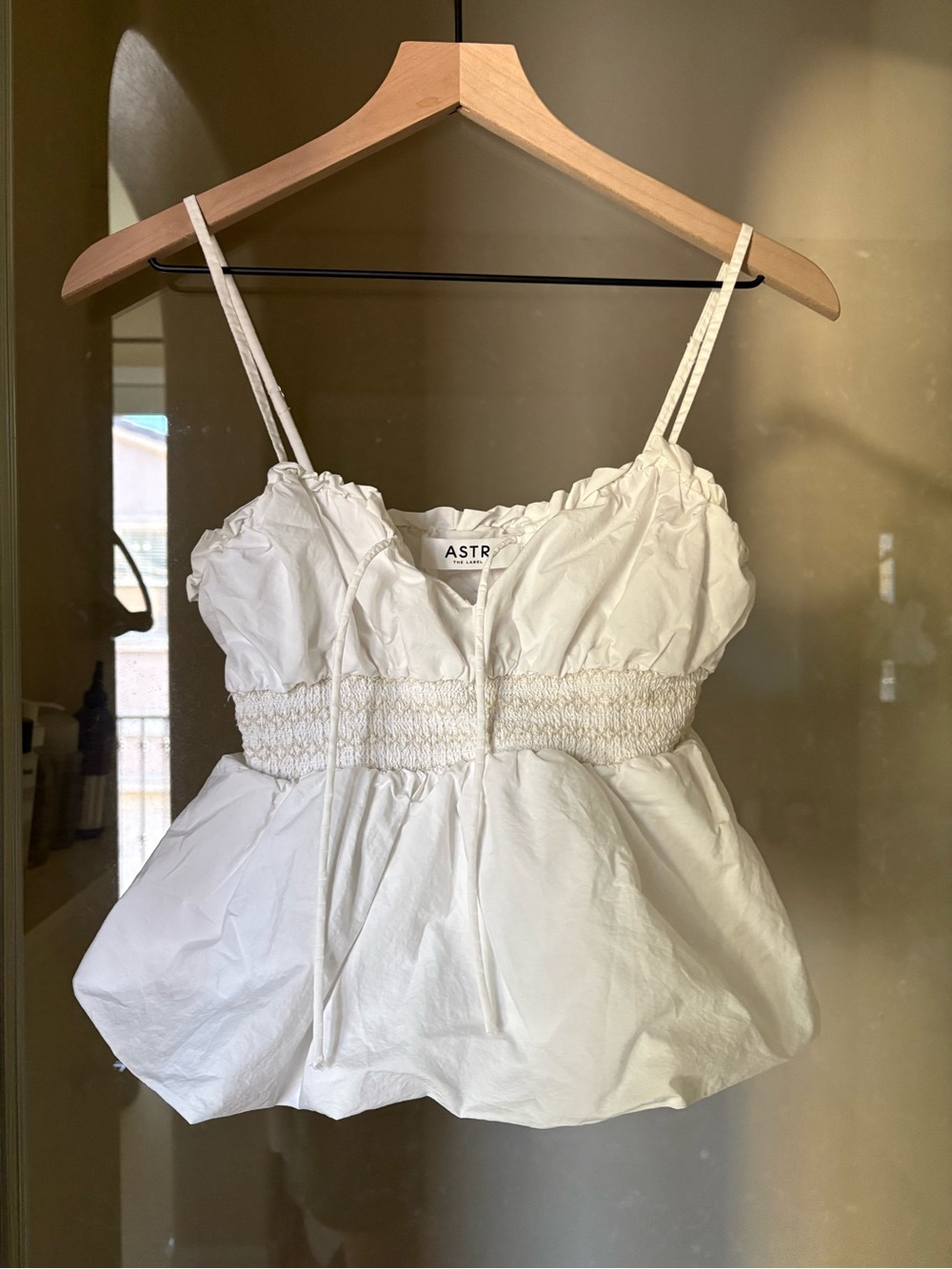 Astr White Smocked Peplum Cami with Ruffle Neckline